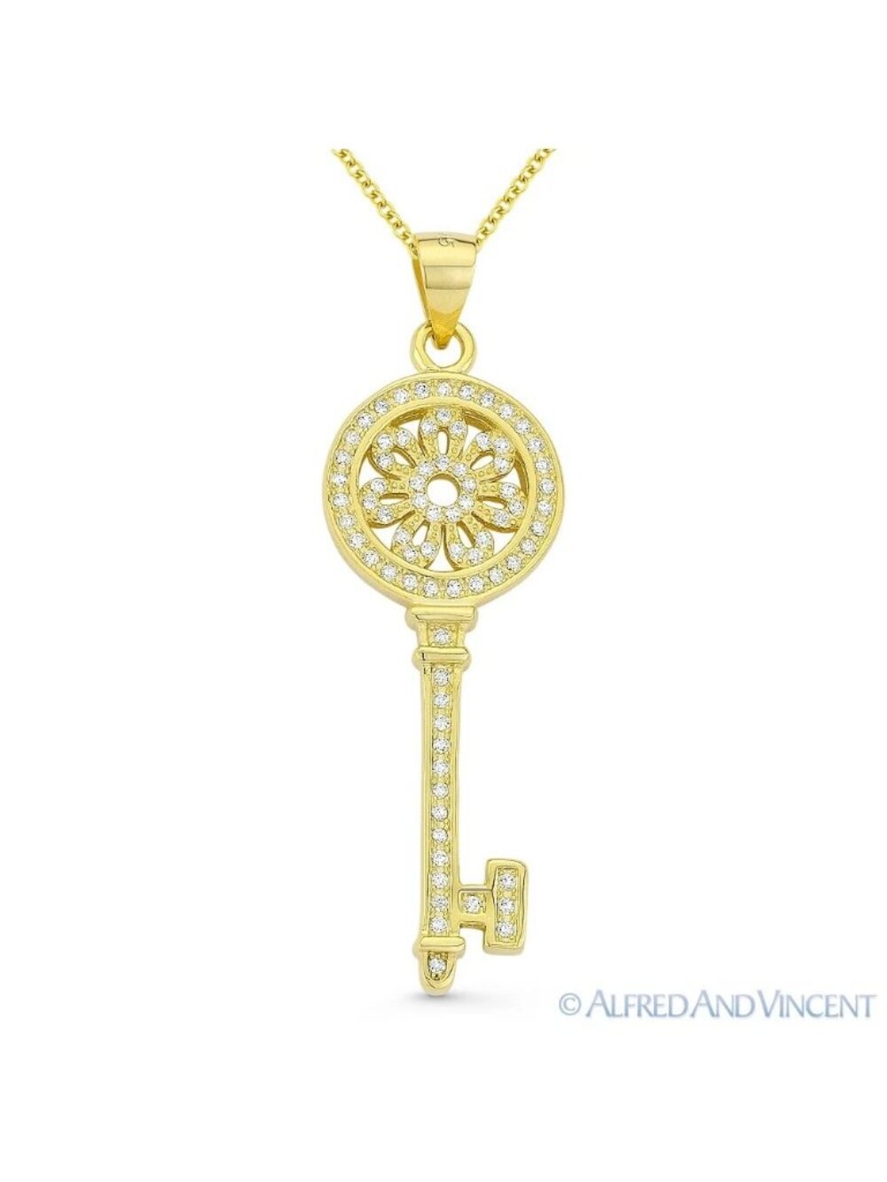 Circle & Flower Bow Key Charm Pendant & Chain Necklace in .925 Sterling Silver